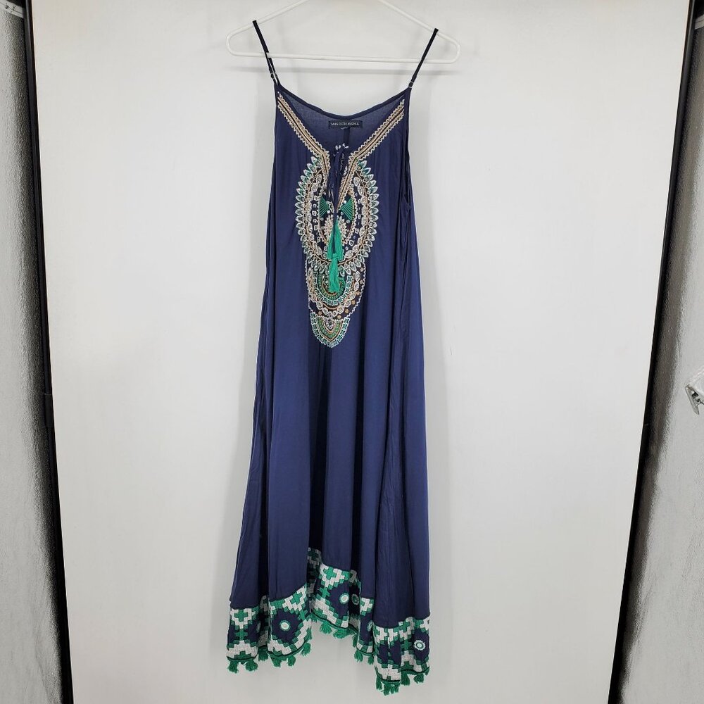 Saks Fifth Avenue Navy Blue Green Embroidered Gold Beaded Boho Beachy Midi Dress
